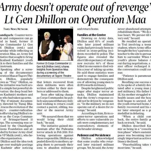 ‘Army doesn’t operate out of revenge’: Lt Gen Dhillon on Operation Maa